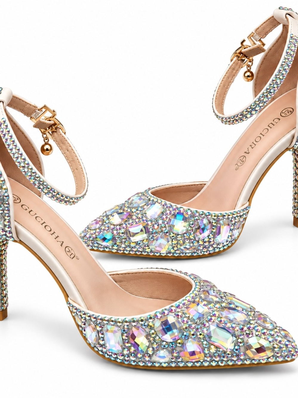 Iridescent Crystal Embellished Pointed Toe Heels - White/Cream